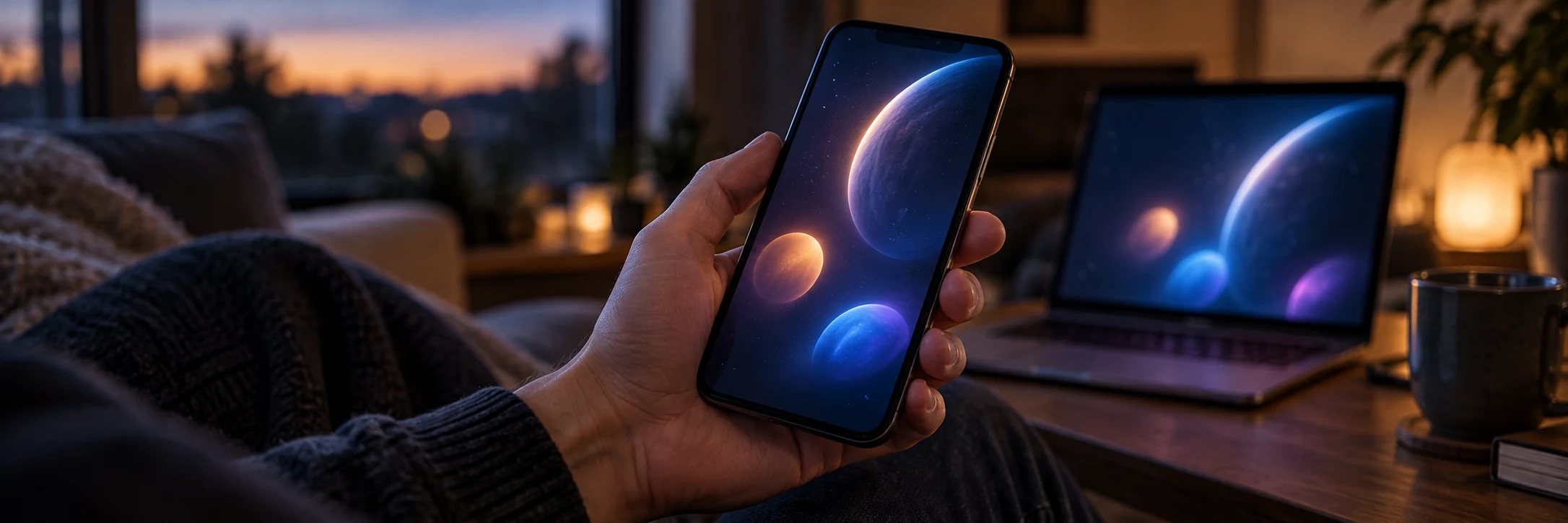 Generated illustration: a phone and computer display an abstract space scene. No real game screen is shown.