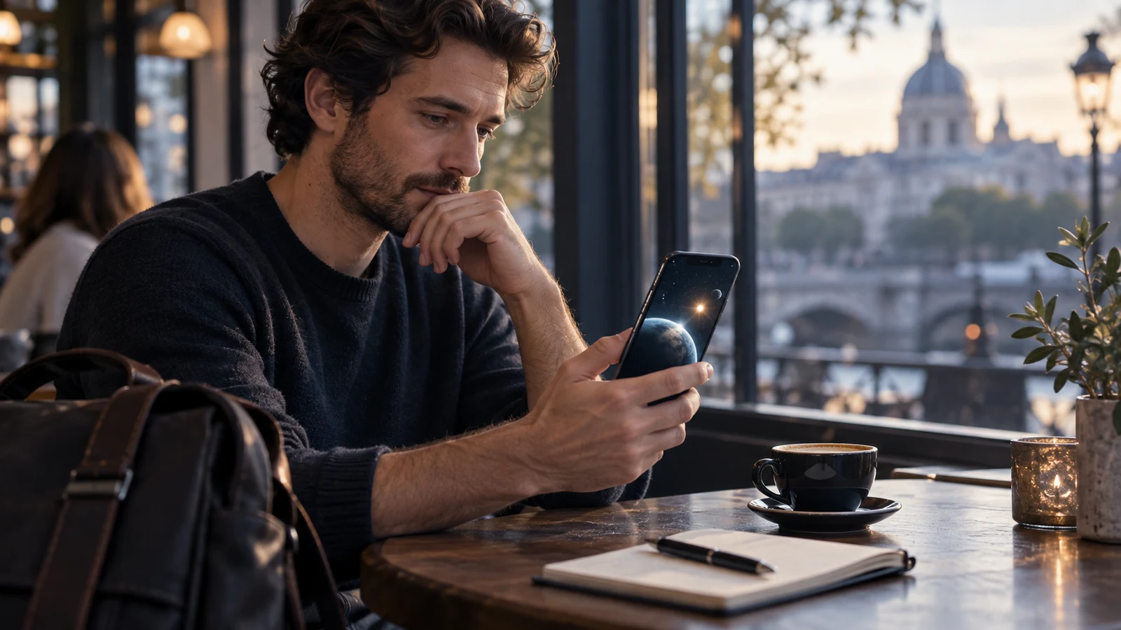 Original illustration of a phone beside a coffee, suggesting an interrupted session.