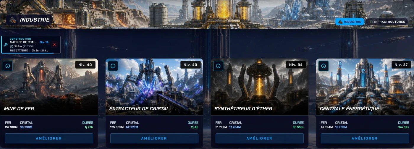 Current Aleryos buildings shown side by side on a computer screen, with the interface in French.