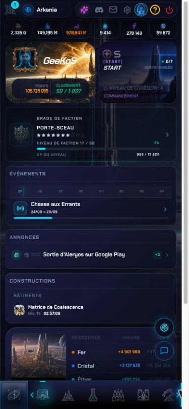 Responsive browser view of Aleryos at 375 pixels wide, in French, showing events, announcements and construction in progress.