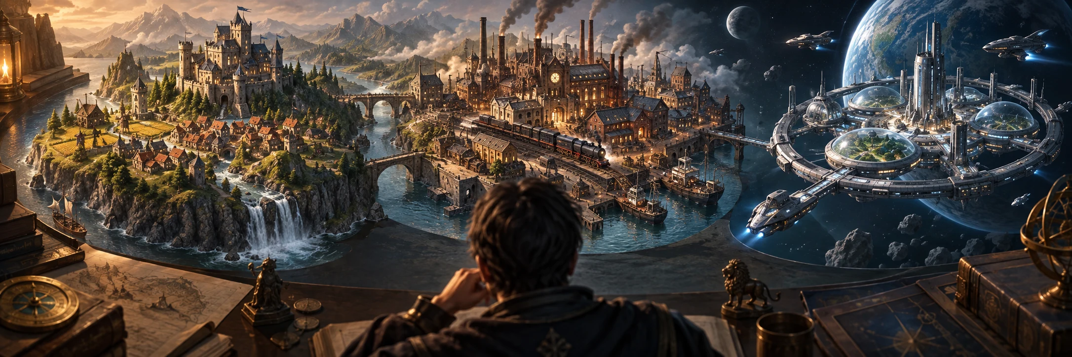 Original concept art of a player facing a landscape that blends a medieval castle, an industrial city, and an orbital colony.