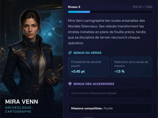La scheda di Mira Venn mostra il suo livello, i bonus e la missione Scavo compatibile.